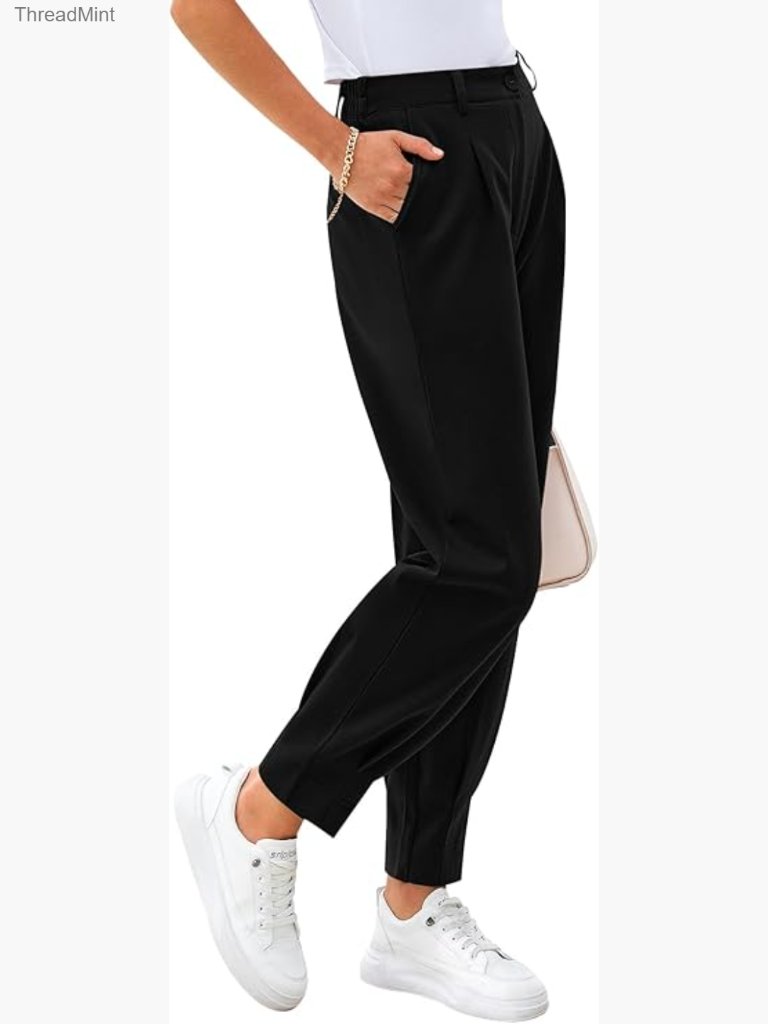 High Waisted Work Pants With Pockets Ankle Length Slacks Casual Office Trousers